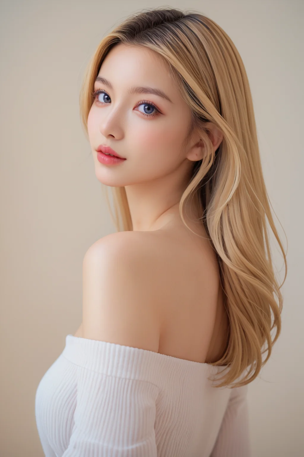 ,score_9,score_8_up,score_7_up, 20 years old, 8k, hd, beautiful girl, black hair, long hair, blonde hair, offshoulder top,
1girl, detailed face, beautiful woman's face,  simple background, looking at viewer, upper body,