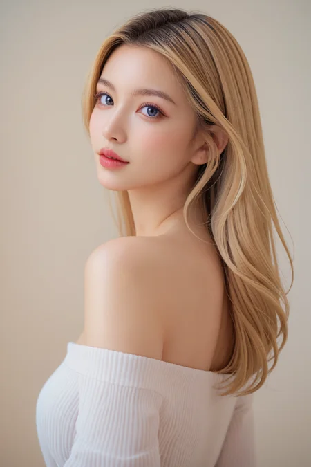 ,score_9,score_8_up,score_7_up, 20 years old, 8k, hd, beautiful girl, black hair, long hair, blonde hair, offshoulder top,
1girl, detailed face, beautiful woman's face, simple background, looking at viewer, upper body,