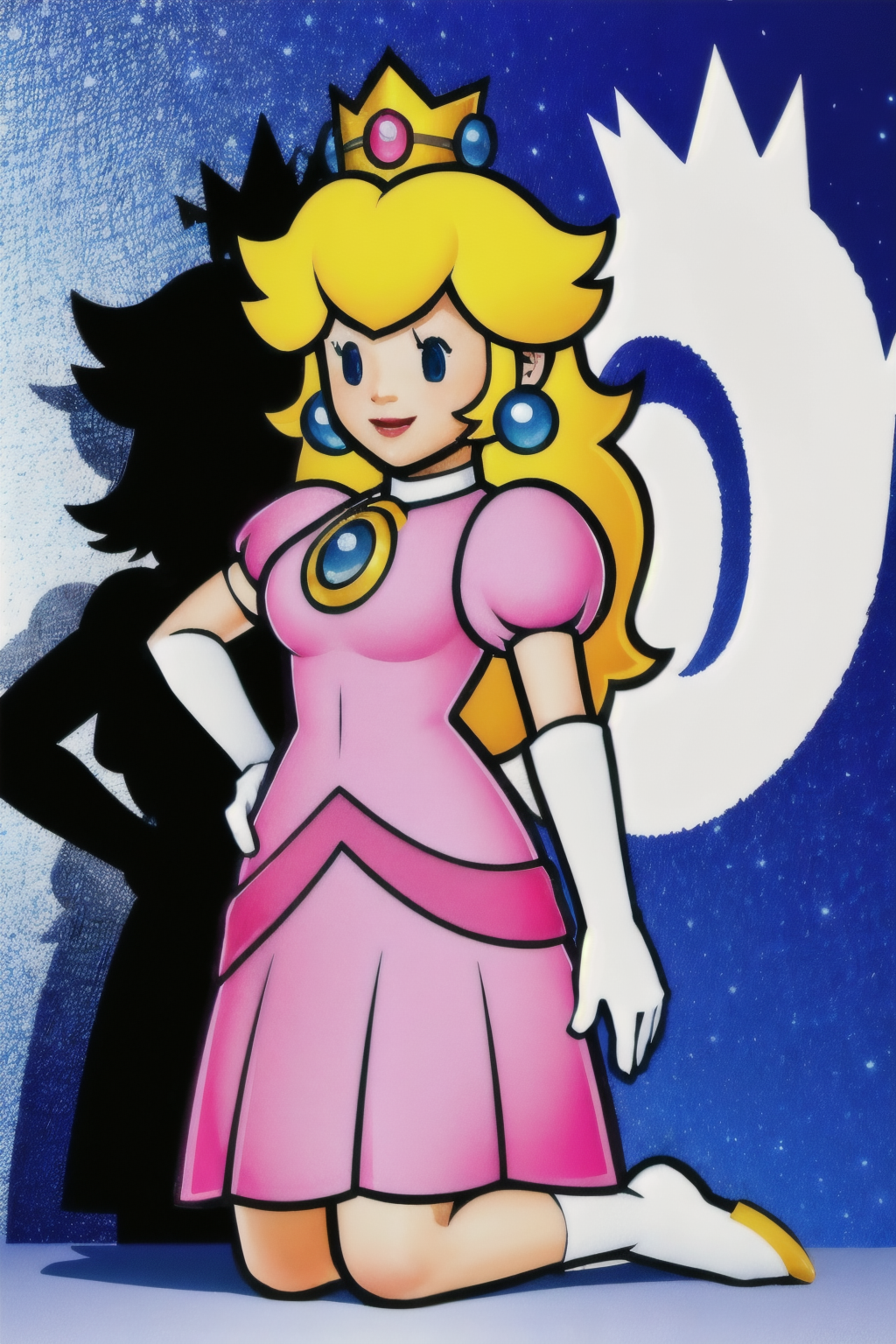 (Realistic:1.5) (masterpiece) 1girl, solo, long hair, smile, blonde hair, dress, jewelry, full body, earrings, white gloves, crown, pink dress, Kneeling on one knee with one arm extended to side and one hand on hip, <lora:EdobPaperPeach_v2.0:0.8>