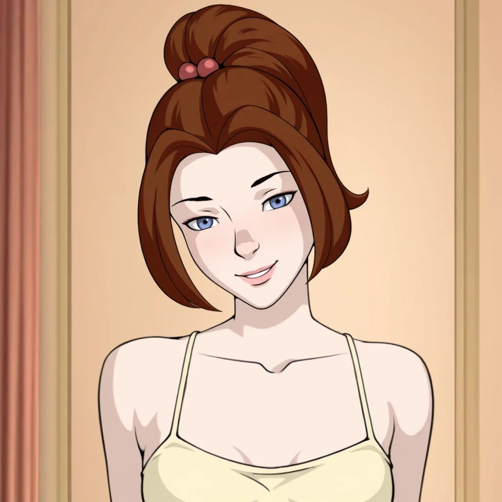 <lora:kate_rle_il:1> kitty_rle, 1girl, solo, artist:oni_rle, brown hair, ponytail, red hair ornament, blue eyes,
small breasts,
yellow camisole,
upper body,
smile, looking at viewer, close up,