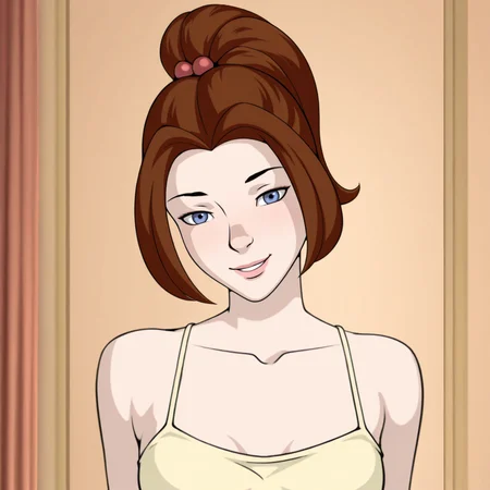 <lora:kate_rle_il:1> kitty_rle, 1girl, solo, artist:oni_rle, brown hair, ponytail, red hair ornament, blue eyes,
small breasts,
yellow camisole,
upper body, 
smile, looking at viewer, close up,