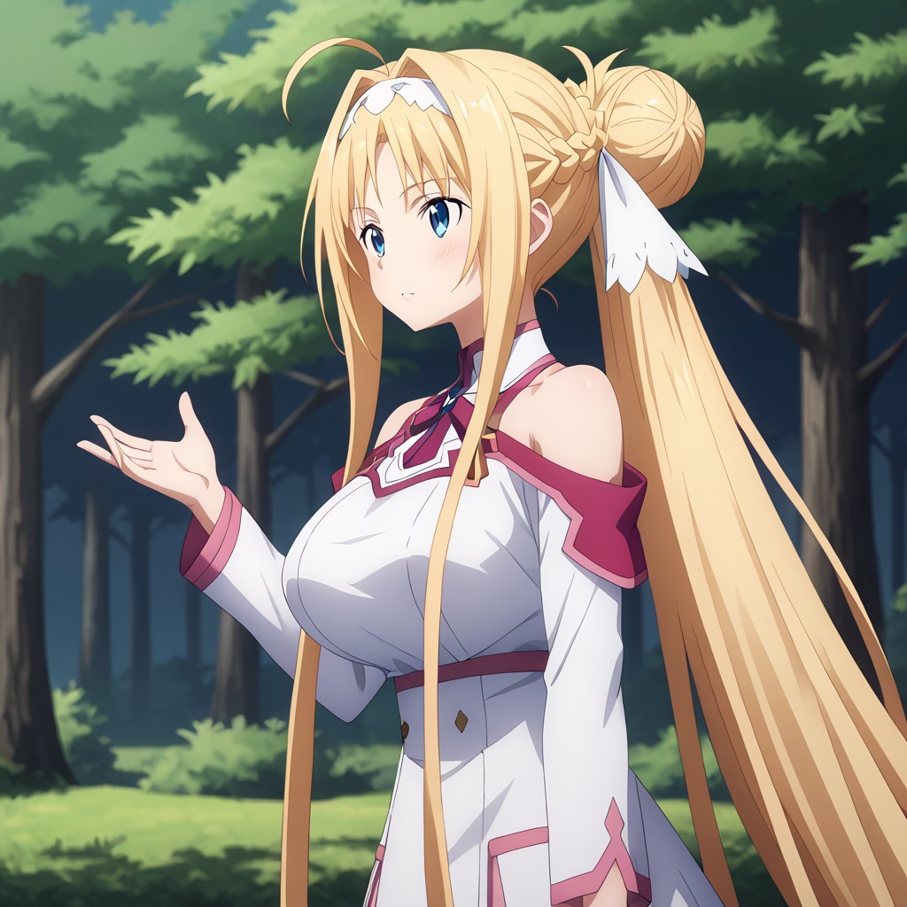 (masterpiece), best quality, perfect eyes, expressive eyes, perfect face, expressive face, perfect hands, (((((detailed hair))))), (((perfect eyes))), perfect legs, (((1 Girl))), (Sylpha), very long hair, blue eyes, huge breasts, blushing, (((aroused))), blonde hair, very long hair, hair up, (hair bun), folded ponytail, ((long sidelocks)), ahoge, blonde hair, blue eyes, hair between eyes, bangs, ((white hairband)), (((hair ribbon))), (((((view up close))))), view from side, outdoors, forest, trees, stacia, (((((absurdly long hair))))), blue eyes, long hair, parted bangs, blonde hair, very long hair, very long sidelocks, braid, hair up, ((hair bun)), (ponytail), hair ribbon, alice zuberg, blue eyes, parted bangs, blonde hair, very long hair, very long sidelocks, braid, hair up, ((hair bun)), (ponytail), astnig, asuna \(sao\), (((((absurdly long hair))))), blue eyes, parted bangs, blonde hair, very long hair, very long sidelocks, braid, hair up, ((hair bun)), (ponytail), hair ribbon, off shoulder, long sleeves, halterneck, ribbon trim, white nightgown, two-tone dress, (((pink trim))), layered skirt,