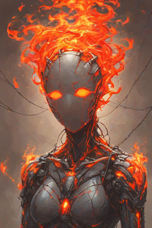 score_9,score_8_up,<lora:Turbo_XL:1>,1girl,maximum details,cybernetics,human-machine fusion,dystopian,organic meets artificial,dark,intricate,futuristic,technological,cybernetic enhancements,robotics,artificial intelligence themes,android,AI,machine,metal,wires,tech,biomechanical cyberpunk,<lora:FireHuman:1>,firehuman,colored skin,orange fireskin,fire,empty eyes,<lora:BeautyInEvilPony:0.7>,hkevil,