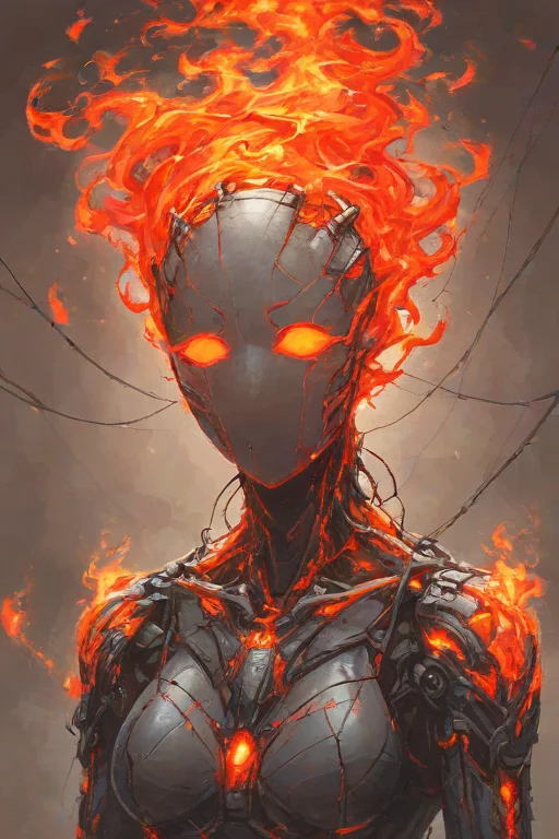 score_9,score_8_up,<lora:Turbo_XL:1>,1girl,maximum details,cybernetics,human-machine fusion,dystopian,organic meets artificial,dark,intricate,futuristic,technological,cybernetic enhancements,robotics,artificial intelligence themes,android,AI,machine,metal,wires,tech,biomechanical cyberpunk,<lora:FireHuman:1>,firehuman,colored skin,orange fireskin,fire,empty eyes,<lora:BeautyInEvilPony:0.7>,hkevil,