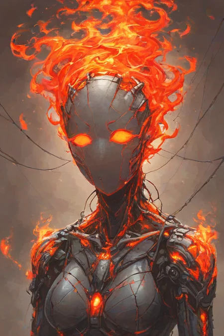 score_9,score_8_up,<lora:Turbo_XL:1>,1girl,maximum details,cybernetics,human-machine fusion,dystopian,organic meets artificial,dark,intricate,futuristic,technological,cybernetic enhancements,robotics,artificial intelligence themes,android,AI,machine,metal,wires,tech,biomechanical cyberpunk,<lora:FireHuman:1>,firehuman,colored skin,orange fireskin,fire,empty eyes,<lora:BeautyInEvilPony:0.7>,hkevil,
