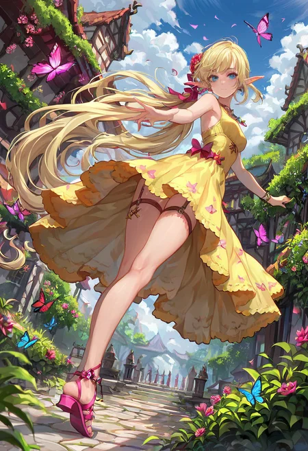 (score_9, score_8_up:1.1), score_7_ up, highly detailed, , zPDXL, ((1 girl,)) slender, petite ,Wood elf druid's ally, elemental connection, long flowing blonde hair tied back in a ponytail, piercing blue eyes, form-fitting leather outfit with wooden accents, skilled in combat and able to assist their companion in battle. she wear Yellow sundress with floral print and butterfly details, pink sandals with straps and glitter on the toes , dynamic pose, detialed background
, masterpeice, detailed, intricated details, 8k, ultraclear <lora:detailed_notrigger:1>, wide angle, detailed scene, detailed faces, perfect quality, tranding on artstation, incredible details , Painstaking Attention To Details , <lora:OMG-Is-DucHaiten_v1.0:1> ziprealism