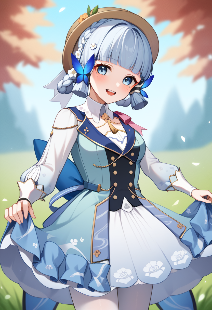 score_9,score_8_up,score_7_up,<lora:genshin_pony_v3:1>,1girl,kamisato_ayaka_\(springbloom_missive\),solo,outdoors,blush,smile,butterfly_hair_ornament,light_blue_hair,official_alternate_hairstyle,medium_breasts,official_alternate_costume,absurdres,depth_of_field,highres,blue_dress,blue_eyes,blunt_bangs,blunt_tresses,brown_headwear,chinese_commentary,commentary_request,hat_leaf,looking_at_viewer,mole_under_eye,multicolored_dress,neck_tassel,open_mouth,puffy_long_sleeves,skirt_hold,tree,white_collar,white_pantyhose,