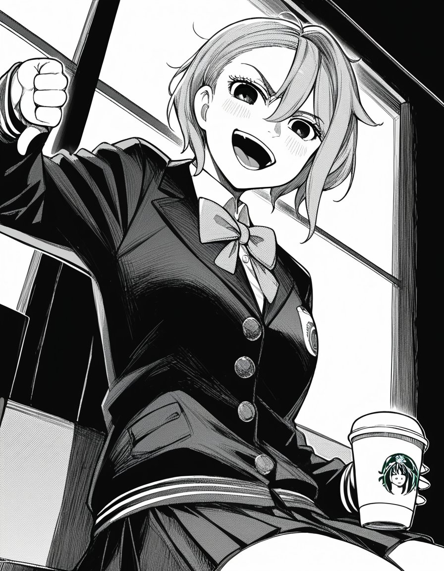 score_9, score_8_up, score_7_up, source_anime, <lora:aira-shiratori-manga-ponyxl-lora-nochekaiser:1>, aira shiratori, monochrome, greyscale, short hair, sidelocks, bangs, hair between eyes, medium breasts,, skirt, shirt, bow, school uniform, jacket, pleated skirt, collared shirt, bowtie,, cafe, coffee cup, barista, sitting down, talking, relaxing, sunlight through window, , <lora:thumbs-down-ponyxl-lora-nochekaiser:1>, thumbs down, blush, from below, smug, tongue, tongue out, open mouth, black background, looking at viewer, solo,, dutch angle, cowboy shot