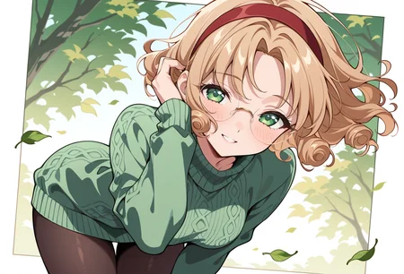 masterpiece, best quality, high quality, anime, solo, <lora:AEFuuillx:1>
AEFuuDef, green eyes, curly hair, light brown hair, parted bangs, short hair, glasses, rimless eyewear, round eyewear, red hairband,
green sweater, floating hair, wind, falling leaves, hand in own hair, smile, pantyhose, cable knit sweater, green sweater, oversized sweater,