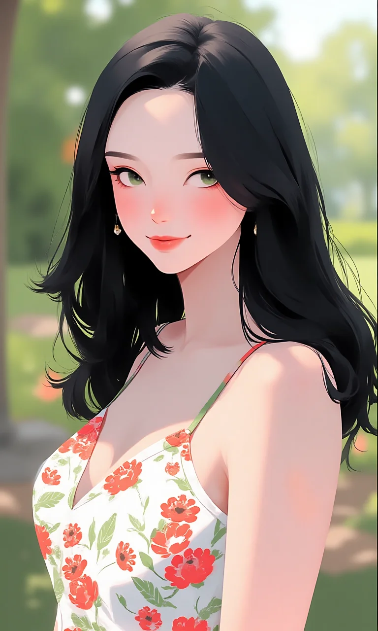 Twenty-six year old White American Woman. Styled long raven hair. Bright green coloured eyes. Full pink lips. Wearing a modest floral sun dress. Tall and Curvy. Beautiful Southern Belle. Soft smiling expressing. Standing in front of a plantation in Charleston, south Carolina. Resembles Candace Swanepoel and Florence Pugh