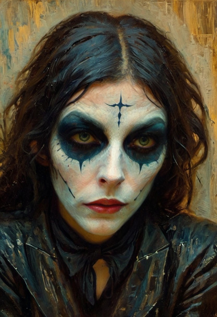 (((closeup painting))) of a female, crouched in an alley, harlequin makeup, tear streaked face, makeup running, brush strokes, impressionistic, (((dream the crow black dream))), horrifically captivating beauty, pale bone white skin, enticing the viewer closer, painted in style of clive barker, inspired with hellraiser like design, dark shot, shadows, dim light , dark light, red and black theme, cold city street, pouring rain, despair, revenge 
BREAK 
Dutch angle, unique perspective, dramatic lighting