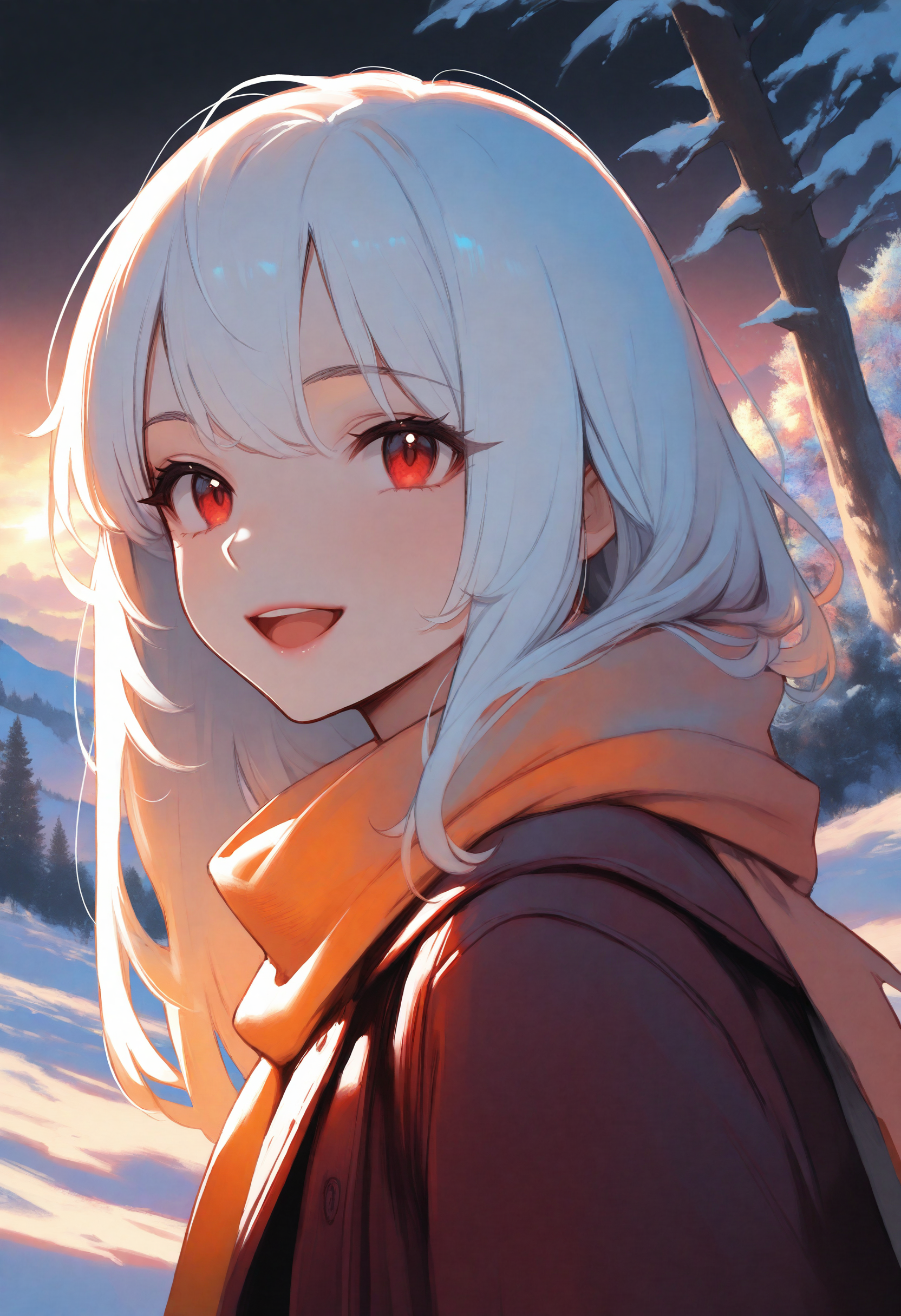 masterpiece, best quality, very aesthetic, 1girl, solo, smile, open mouth, lipstick, long hair, white hair, red eyes, red coat, orange scarf, upper body, backlighting, from side, facing viewer, tree, mountains, dawn, dark sky, cloud, snow, colorful, gradient sky, eyes visible through hair