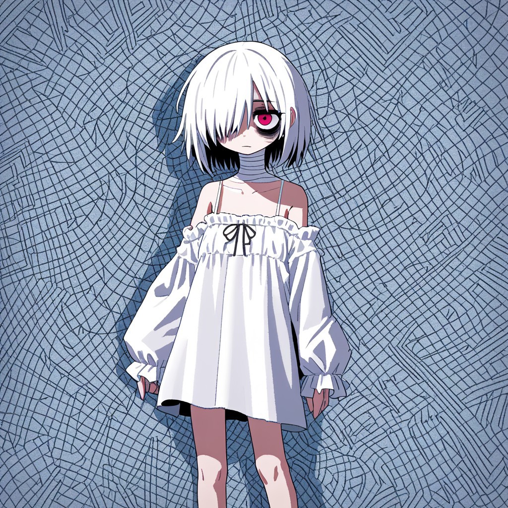score 9 up, score 8 up, solo,1girl, white hair, hair over one eye, two-tone eyes, pink eyes, red eyes, white clothing, spaghetti_strap, oversized blouse, bags under eyes, mascara, bandaged_neck, bare legs, pigeon-toed, standing, aliasing, breakcore, Digicore, glitchcore, pixelsorting, lineart, distorted, abstract,
