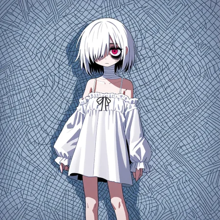 score 9 up, score 8 up, solo,1girl, white hair, hair over one eye, two-tone eyes, pink eyes, red eyes, white clothing, spaghetti_strap, oversized blouse, bags under eyes, mascara, bandaged_neck, bare legs, pigeon-toed, standing, aliasing, breakcore, Digicore, glitchcore, pixelsorting, lineart, distorted, abstract,