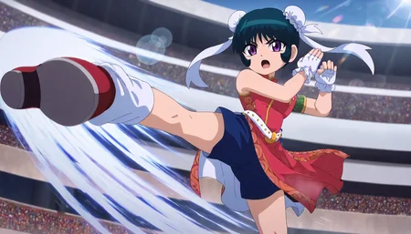<lora:MFB_meimeiXLIllustrious002>,
masterpiece,best quality,good quality,newest,
outdoors,arena,glitter,lens_flare,
serious,open mouth,
looking at viewer,
solo,
meimei,1girl,green hair,double bun,bun cover,hair ribbon,purple eyes,
red china dress,sleeveless,arm band,
white belt,
pelvic_curtain,shorts under dress,blue shorts,
fingerless gloves,white gloves,
loose_socks,
red shoes,
standing,fighting_stance,motion_blur,speed_lines,high_kick,