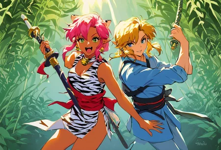score_9, score_8_up, score_7_up, score_6_up, Masterpiece, source_anime screenshot, duo, 1 girl, 1 boy, vivid colors, retro anime style, high-res, beautiful aesthetic, very intricate, high-quality details, vibrant, highly detailed, award-winning, professional, <lora:pink-ponyxl-v2:1>, open mouth smile, single fang showing, sleeveless dress, white tiger print dress, pelvic curtain, cleavage, white cat ears, cat bell necklace, bright pink hair, tanned, white tiger tail, red sash, small breasts, leather shoes, detailed eyes, green eyes, detailed face, BREAK score_9, score_8_up, score_7_up, score_6_up, Masterpiece, source_anime, 1 girl, 1 boy, vivid colors, anime style, high-res, beautiful aesthetic, very intricate, high-quality details, vibrant, highly detailed, award-winning, professional, <lora:link:0.8> link1, link, soft smile, pointy ears, blonde hair, blue eyes, medium hair, side locks, earrings, short ponytail, blue hylian tunic
Break
Under a thick forest canopy, <lora:sword-guard-stance-ponyxl-lora-nochekaiser:1>, sword guard stance, sword, weapon, duo, katana, holding, pink and link holding weapon, holding sword, looking at viewer,