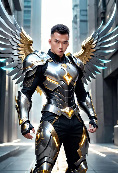 Hyper-realistic, 4K picture resolution, hi-depth, long-panorama angle view, Eurasian attractive man, black tidy haircut, polished and shine black steel gigantic griffin exoskeleton wings that span wide to the heavens, deep embossed Venus symbol on the chest, shine and polished silver steel scales armor with muscle abs, long exoskeleton pants, fighting moves and scenes, grey illuminated magical aura surrounding the armor, intimidating expression, futuristic alien city background, holding golden illuminated acient magical saber and slashing the air with magical power, (aura:2.8), belt filled with gadgets and tools, gigantic expansive wings, EightClover