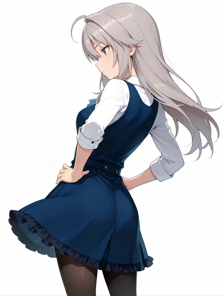 masterpiece,best quality,amazing quality,
1girl,solo,
<lora:k_chieri_ilxl_1.5:1>,chieri,ahoge,grey hair,blue eyes,
amajyo,blue dress,blue skirt,frills,black_pantyhose,brown loafers,
<lora:Fixhands_anime_bdsqlsz_V1:1>,profile,expressionless,standing,hands_on_hips,white_background,simple_background,from_back,