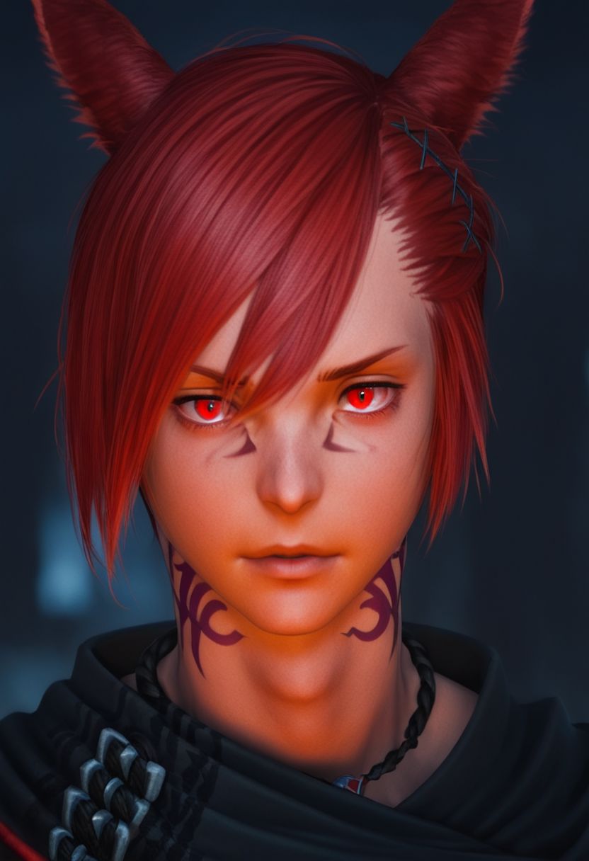 grahatiaffxivdsk, 1boy, male focus, solo, animal ears, red eyes, red hair, tattoo, miqo'te, neck tattoo, cat ears, looking at viewer, hair between eyes, facial mark, hair ornament, x hair ornament, bangs, holding, glowing, slit pupils, braid, short hair, portrait, jewelry, short ponytail, cinematic angle, cinematic lighting, best anatomy, official art, masterpiece, best quality