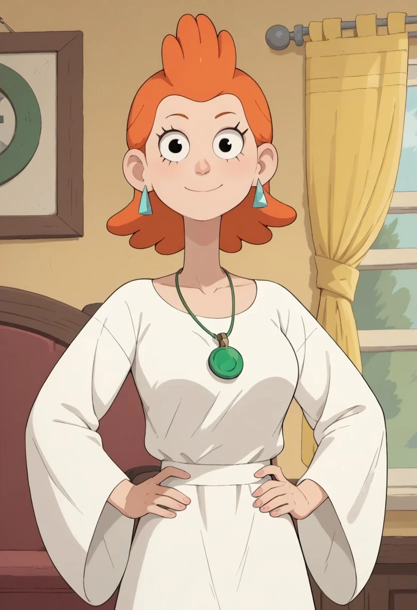 ((room background)),score_9, score_8_up, score_7_up,score_6_up,
1girl, solo, Sue_C, light skin, black eyes, short voluminous hair, vibrant orange hair, light blue triangular earrings, white dress with long loose sleeves, green medallion around her neck, light pink flat shoes, big eyes, cute, tall stature, social smile, perfect eyes, perfect smile, looking at the viewer, detailed eyes, perfect eyes, standing, big breasts (front pose, front view, bust shot) five fingers, perfect hands, hands on hips