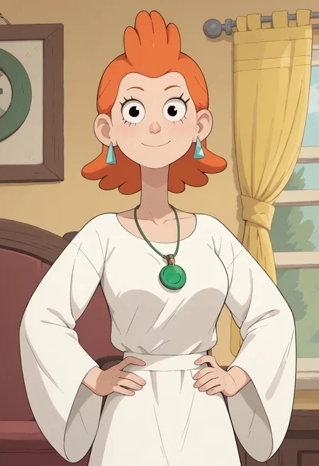 ((room background)),score_9, score_8_up, score_7_up,score_6_up, 
1girl, solo, Sue_C, light skin, black eyes, short voluminous hair, vibrant orange hair, light blue triangular earrings, white dress with long loose sleeves, green medallion around her neck, light pink flat shoes, big eyes, cute, tall stature, social smile, perfect eyes, perfect smile, looking at the viewer, detailed eyes, perfect eyes, standing, big breasts (front pose, front view, bust shot) five fingers, perfect hands, hands on hips