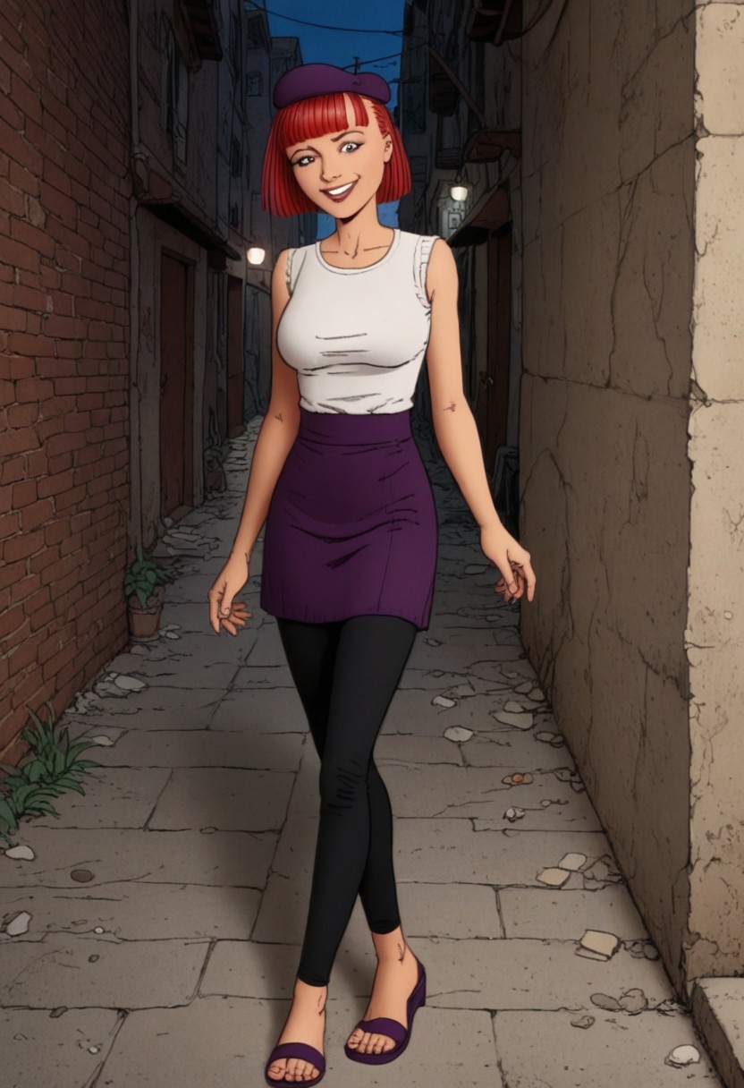 score_9, score_8_up, score_7_up, score_6_up, adult beautiful woman,   (chiaroscuro lighting) 
source_cartoon,   f3rn4nd0, (line art), 
night-time,  
side-walk, city , alley, 
solo
(1female), 
judyTV
coed sophomore 
red hair, slender, purple beret, 
straight bangs, shaved sides, thin face
purple blouse, white undershirt, black leggings, sandals
(anorexic skinny), 
(tiny waist), 
(large breasts), 
standing on ground, 
flirty, coy , (smile.02)