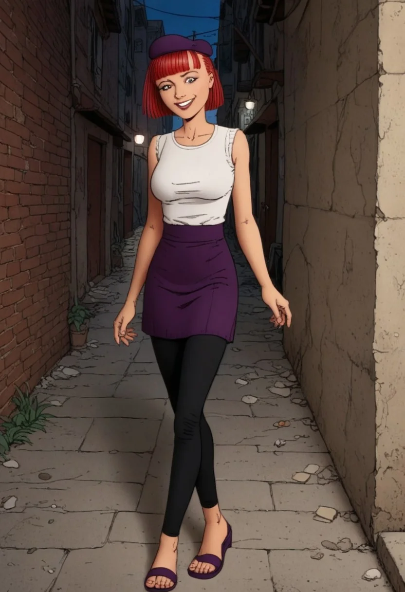 score_9, score_8_up, score_7_up, score_6_up, adult beautiful woman,   (chiaroscuro lighting) 
source_cartoon,   f3rn4nd0, (line art), 
night-time,  
side-walk, city , alley, 
solo
(1female), 
judyTV
coed sophomore 
red hair, slender, purple beret, 
straight bangs, shaved sides, thin face
purple blouse, white undershirt, black leggings, sandals
(anorexic skinny), 
(tiny waist), 
(large breasts), 
standing on ground, 
flirty, coy , (smile.02)
