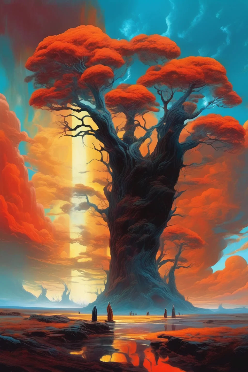 <lora:Noah Bradley Style:1>Noah Bradley Style - Mystical surrealism landscape art with bold contrasting colors and dreamlike figures. high resolution