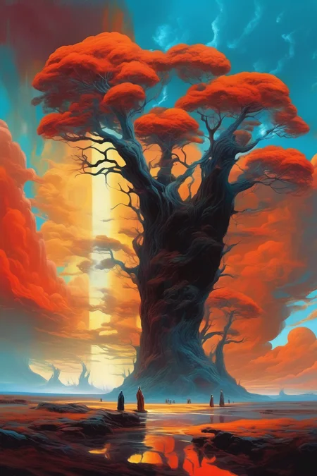 <lora:Noah Bradley Style:1>Noah Bradley Style - Mystical surrealism landscape art with bold contrasting colors and dreamlike figures. high resolution