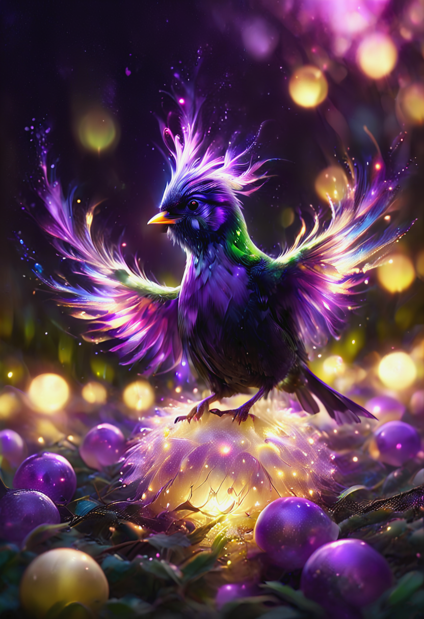 morph-aurora,dark, chiaroscuro, low-key, breathtaking masterpiece showcasing a gorgeous little bird, Violet-crowned nymph,  bathed in soft, golden morning light, surrounded by vibrant bokeh balls that frame its delicate form. <lora:aurora_0_100_V1-000009:1>