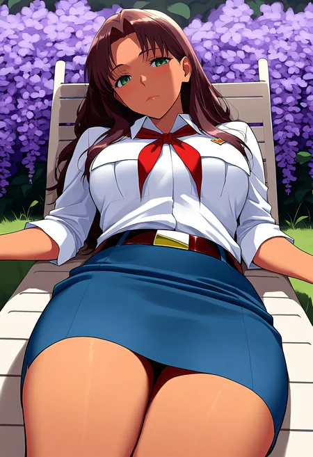 masterpiece, best quality, amazing quality, very awa, absurdres, very aesthetic, year 2024,
<lora:Everlasting Summer - Olga Dmitryevna v1 - NoobAI 1.0 V-Pred:1> olgadm, 1girl, long hair, brown hair, solo, green eyes, breasts, red neckerchief, blue skirt, belt, white shirt, mature female, (tan:0.8),parted bangs, mature female, (tan:0.8),, short skirt, from below, 
, closed mouth, lying, a lounge chair,(lilac:1.3), sleepy, looking at viewer, outdoors,
