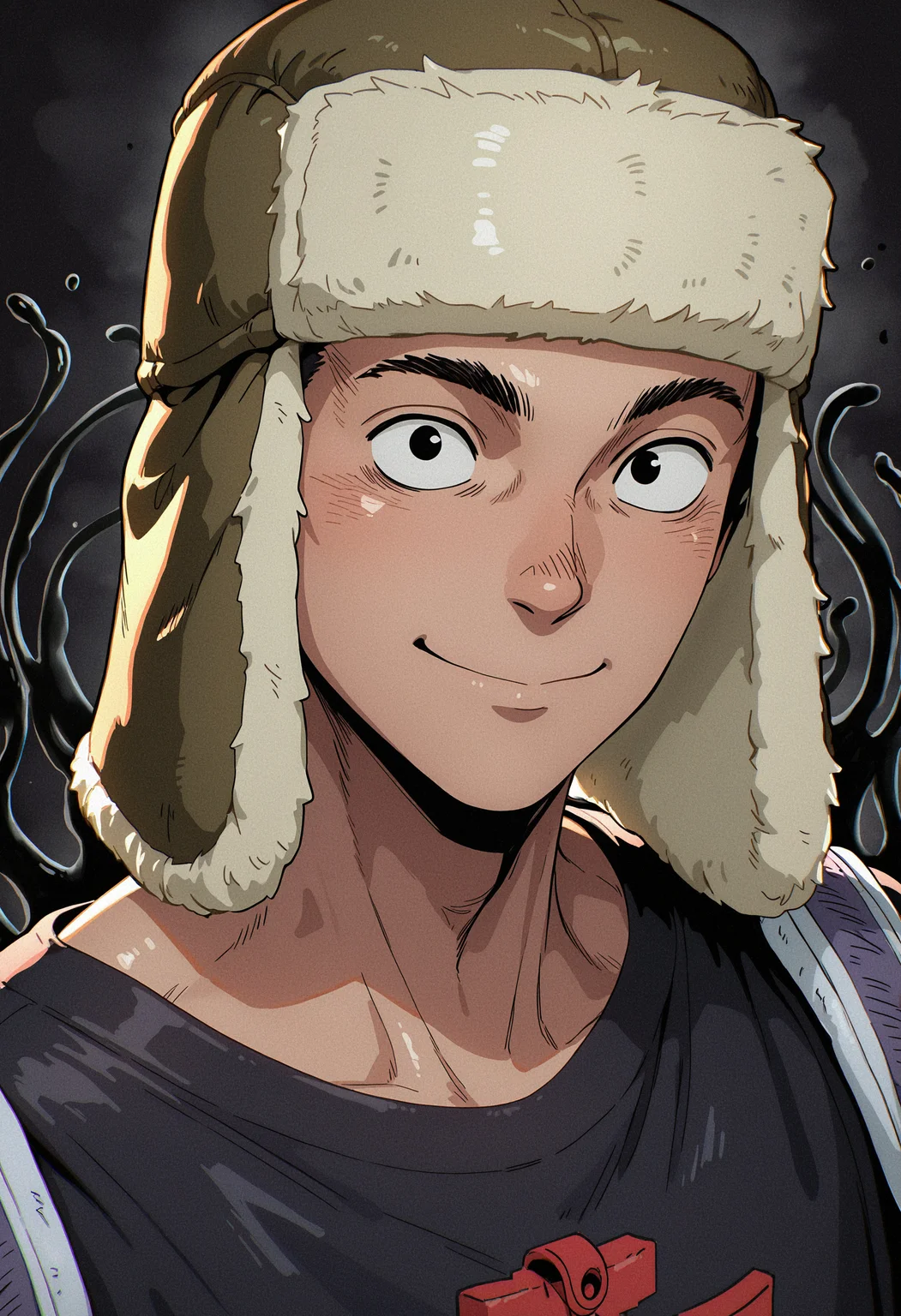 masterpiece, best quality, newest, absurdres, highres, very awa, 1boy, male focus, 3d, shiny skin, fujita \(dorohedoro\), solo, smile, upper body, ushanka, fur hat, portrait, black t-shirt, three-quarter view, three quarter view, looking at viewer, slender, skinny, black eyes, sanpaku, simple background, black smoke background