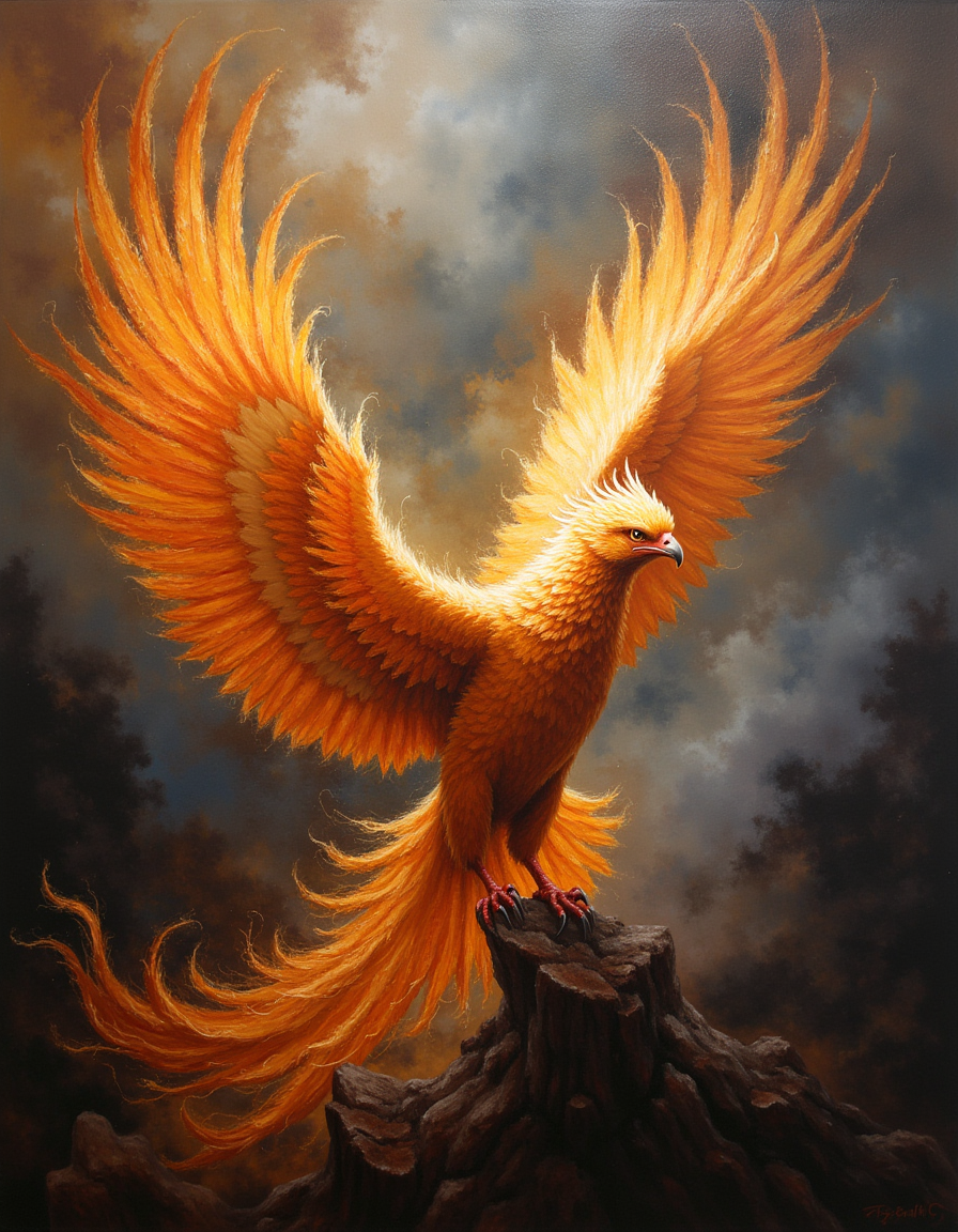 An atmospheric painting of a a phoenix rising