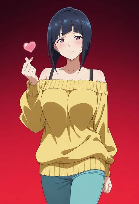 masterpiece, best quality, amazing quality, anime coloring, anime screencap, 1girl, mature female, inverted bob, black hair, blunt bangs, cowboy shot,  BREAK  simple background,  dynamic pose gradient background,  red  background  off-shoulder sweater,     finger heart,