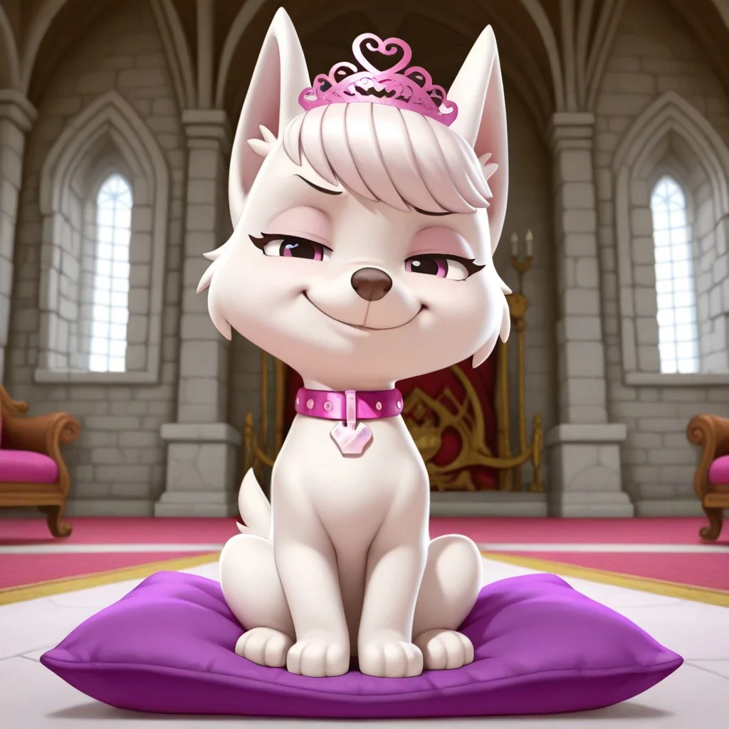 Sweetie(PP), solo, 1girl, feral, dog, dog girl, West Highland White Terrier, white fur, bangs, pointed dog ears, dog tail, short tail, pink eyes, pink collar, crown shaped dog tag, pink tiara, full body, looking at viewer, sitting on pillow, smug look, coy smile, indoors, castle setting,