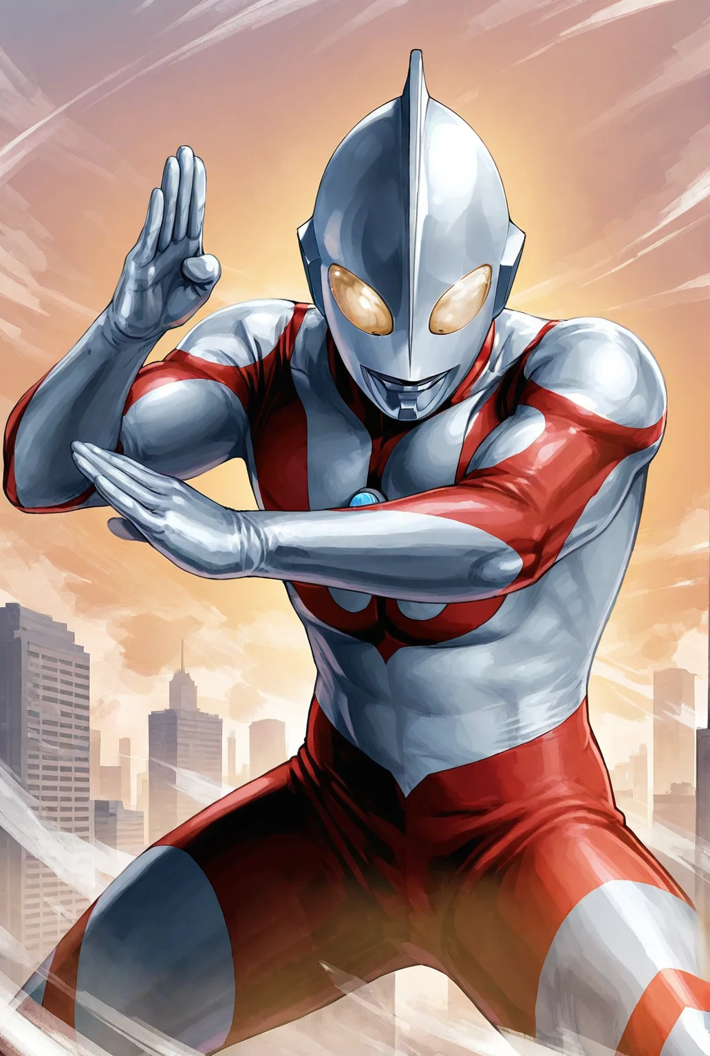 score_9,score_8_up,score_7_up,best quality,ultra-detailed,high resolution,digital painting,8k,1boy,solo,cowboy shot,male focus,bara,detailed face,tokusatsu,alien,bodysuit,yellow eyes,no humans,fighting stance,spread legs,giant,sky,cityscape,<lora:add-detail-xl:1>,<lora:Ultraman:0.8>,ultraman,
