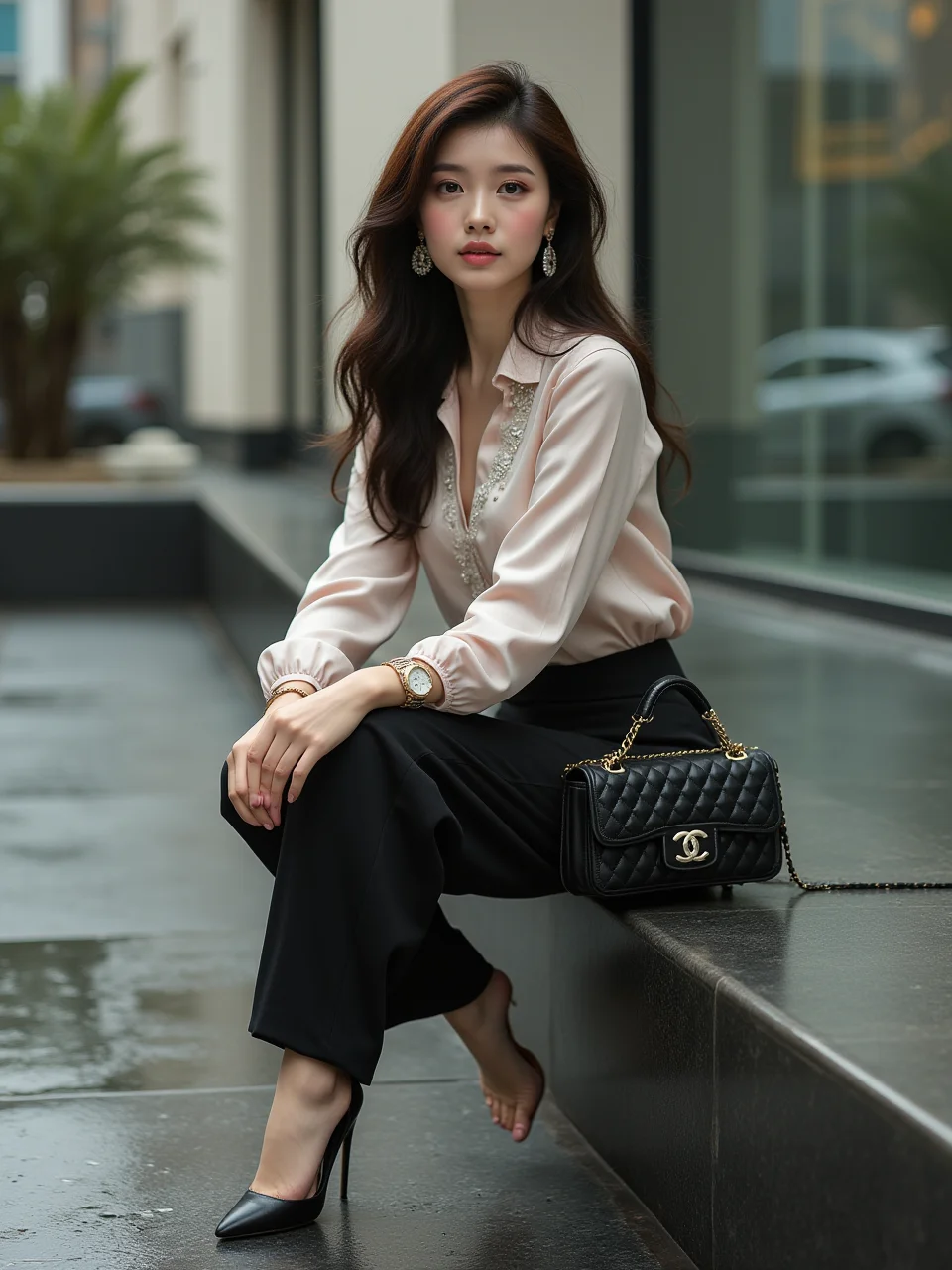 A 20-year-old elegant and sophisticated city woman is wearing a luxury silk blouse and high-waisted pants. The pastel-toned blouse features metallic details, and the pants fall neatly just above the ankles. She pairs black stiletto heels with a designer mini bag, accessorized with diamond earrings of chanel logo and a slim gold watch. Her look is completed with natural wavy hair and neutral-toned makeup, exuding refined city style. full body, looking at viewer, upper body, leg open, standing, rainy playgroun, sittting