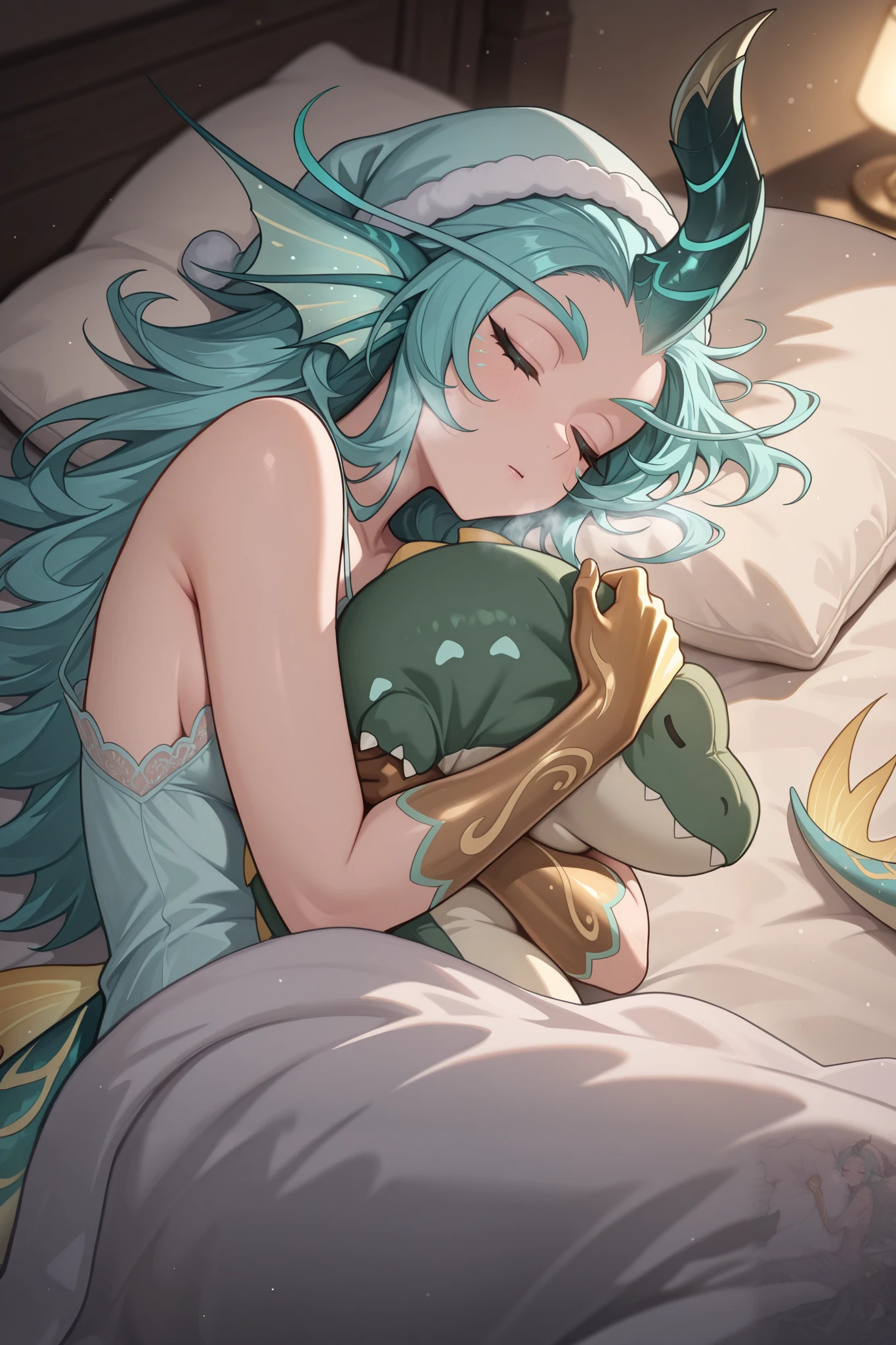 Masterpiece, best quality, ultra-detailed, absurdres, newest, cinematic, warm atmosphere,  
1girl, solo, kaleamlbb, long hair, aqua hair, long eyebrows, aqua eyes, single horn, head fins, waist fins, golden hand skin, dark green scaly tail, nightgown,  cute sleeping cap, fluffy pillow, lying on bed, hugging dinosaur pillow, peaceful expression, soft breathing, slightly messy hair, blanket partially covering body, cozy dim lighting, soft warm glow, blurred fairy lights in background, cinematic depth of field, painterly aesthetic, ultra sharp details  
