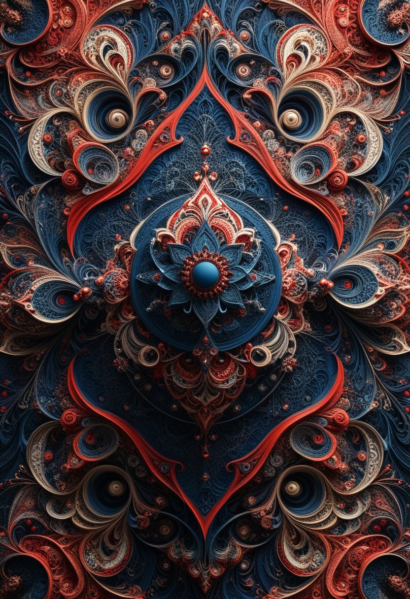 photo of a paisley pattern, boteh, paisley, navy blue, madder red, almond, entwined paislies, official art, aesthetic, dynamic angle, hyper detailed, order and chaos, dark colors, (extremely detailed, intricate details, masterpiece, best quality, 8k wallpaper:1.4), dramatic lighting, (dark blue and madder red palette:1.2), twisting paisley