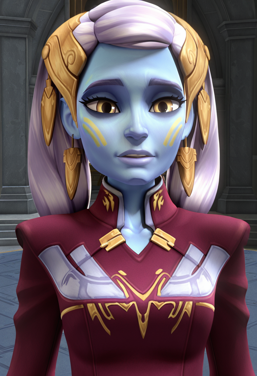 <lora:Riyo_Chuchi:1> riyo_chuchi, 1girl, female focus, pantoran, face_tattoo, light_purple_smooth_hair, blue_skin, original_appearance, medium_hair, loose_hair, center_part, forehead_jewel_tcw, dangling_earrings, senator_outfit_tcw, clone_wars_style, star_wars_background, 3d