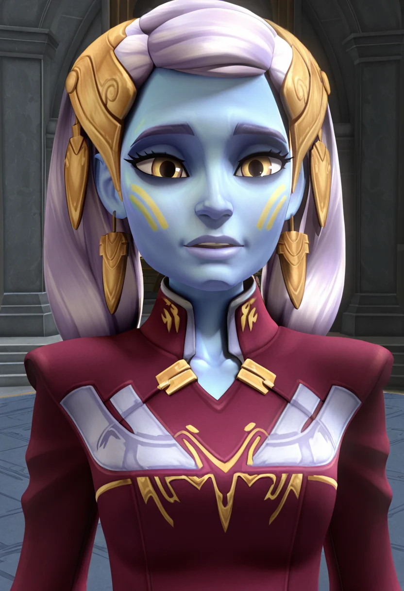 <lora:Riyo_Chuchi:1> riyo_chuchi, 1girl, female focus, pantoran, face_tattoo, light_purple_smooth_hair, blue_skin, original_appearance, medium_hair, loose_hair, center_part, forehead_jewel_tcw, dangling_earrings, senator_outfit_tcw, clone_wars_style, star_wars_background, 3d