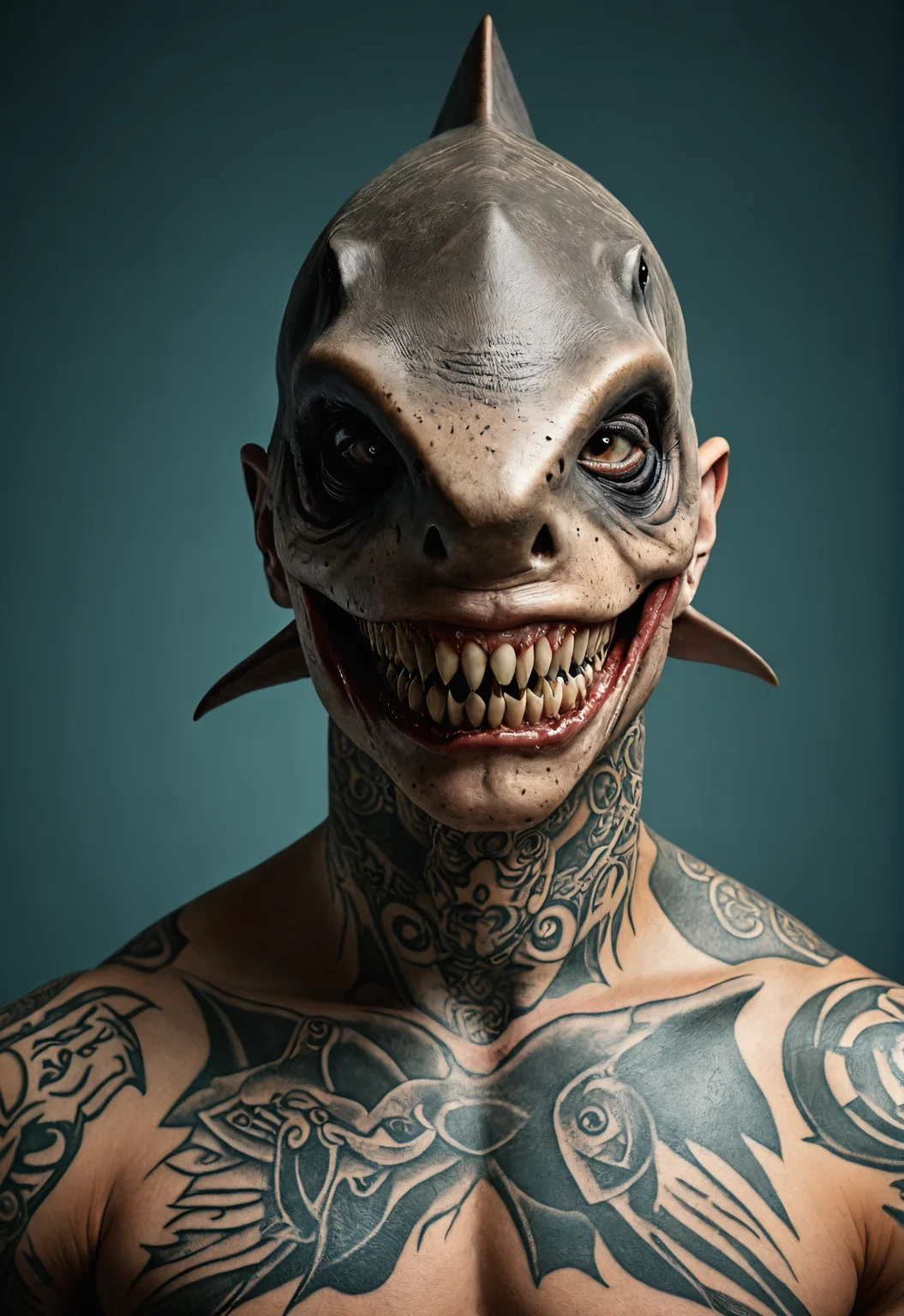 photo,mutation,human with shark head face,studio lighting,tattoos <lora:sdxl_photorealistic_slider_v1:1.1>