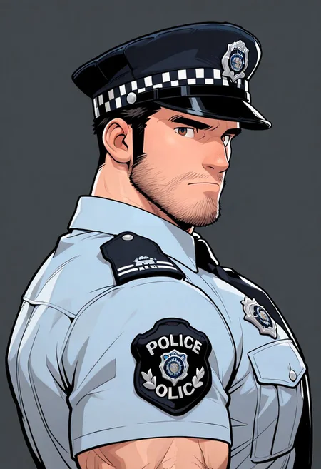 1boy,bara,muscular male,mature male,broad shoulders,brown eyes,black hair,long sideburns,beard,
police uniform,police hat,looking at viewer,white clothes,chequered-police-helmet,upper body,
very awa,masterpiece,best quality,absurdres,newest,gray background,
<lora:4k:1>,<lora:chequered_police_helmet:0.7>,