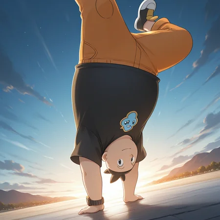 radiant reflections, rich color tones, deep contrast, intricate textures, luminous lighting, cinematic ambiance, shimmering gradients, best quality, colorful, masterpiece, detailed_background, <lora:tierno-v1:1> p-benigno, 1boy, chubby, black t-shirt, (print t-shirt), watch, orange capri pants, shoes, low angle, sfw, general, outdoors, solo focus, BREAK, close-up, face shot, looking at viewer, dynamic pose, dynamic angle, brakedance, ((one arm handstand)),