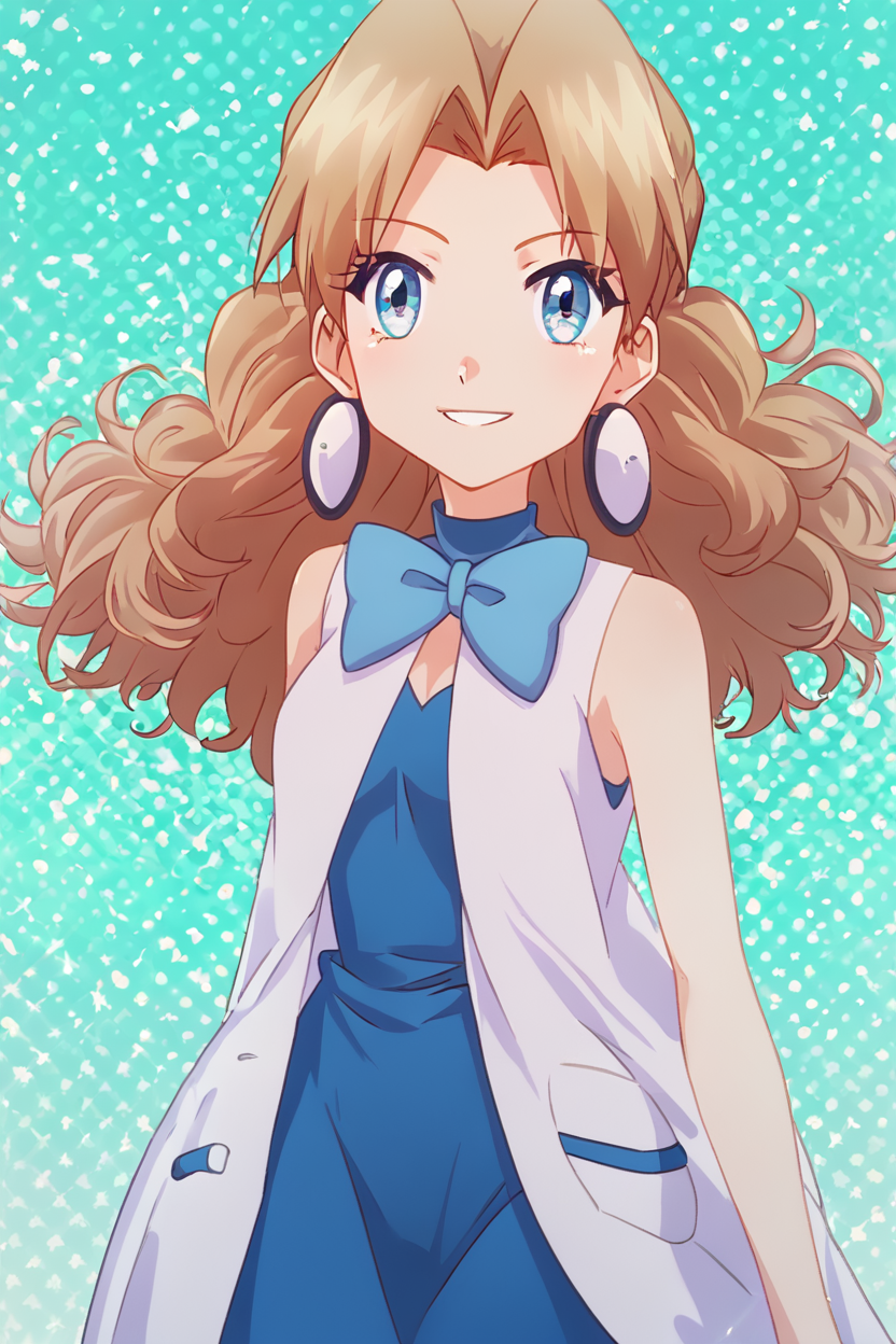 score_9, score_8_up, score_8, medium breasts, (curvy), cute, eyelashes,       BREAK, , <lora:Molly_Pokemon_PDXL:0.8>,  zzMolly,  blue eyes, brown hair, parted bangs, long hair,  jewelry, earrings, bow, bowtie, sleeveless, blue bow, dress, white coat,  , BREAK, (warm colors), smile, looking at viewer, cowboy shot, embedding:zPDXL, Expressiveh, <lora:PrismaIllya_PDXL_v3:1.0>,  <lora:SDXLFaeTastic2400:0.5>,  <lora:Expressive_H-000001:0.4>,