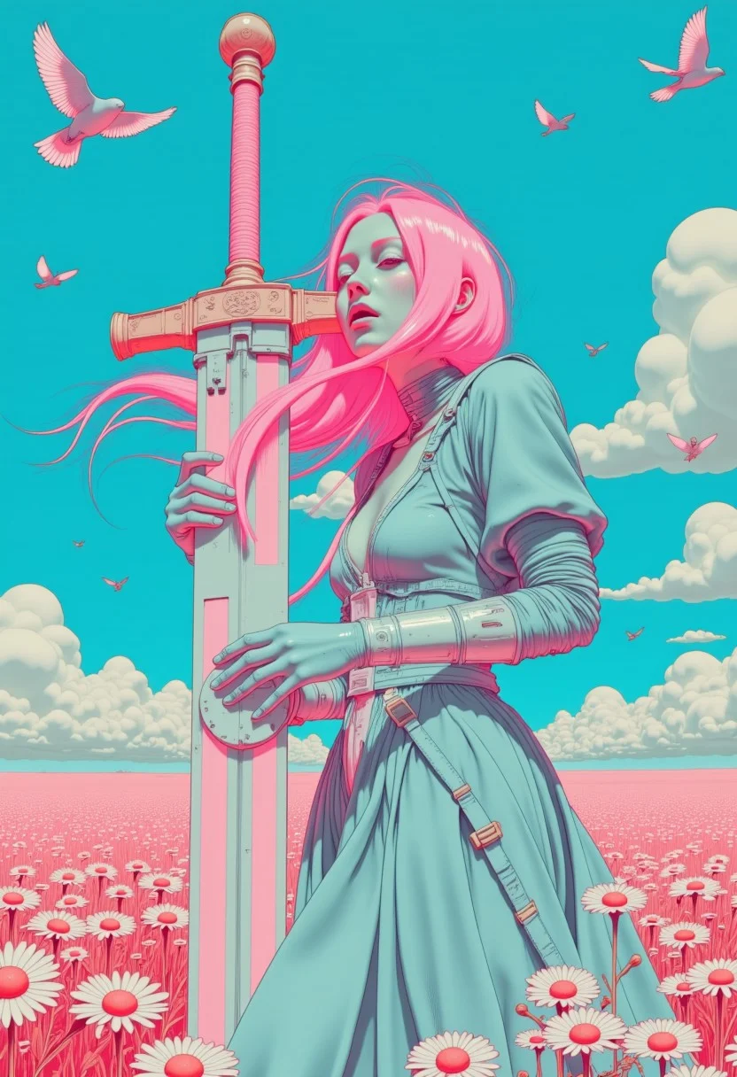 neon-mist
Monochrome with color spots, cinematic close-up, masterpiece, best quality, ultra high quality, intricate detail, hyperrealistic textures, highres, medieval fantasy style, slender woman with revealing neckline, flowing pale blue medieval dress, vibrant meadow with white daisies, enormous glass neon translucent greatsword, huge sword, motion lines for immense force, translucent neon magenta hair flowing, glowing strands, magical energy, sparks from enchanted blade, glowing runes, birds scattering in vivid blue sky, soft translucent clouds, intense calculating gaze, soft sigh, dynamic pose, fabric catching light, white and pastel red color grading, subtle sketch texture, cinematic lighting, hatching for depth, battle-worn appearance, tension-filled air, volumetric lighting, dramatic atmosphere, film grain, depth of field, ultra-sharp details, 8k resolution, ArtStation trending, award-winning composition.