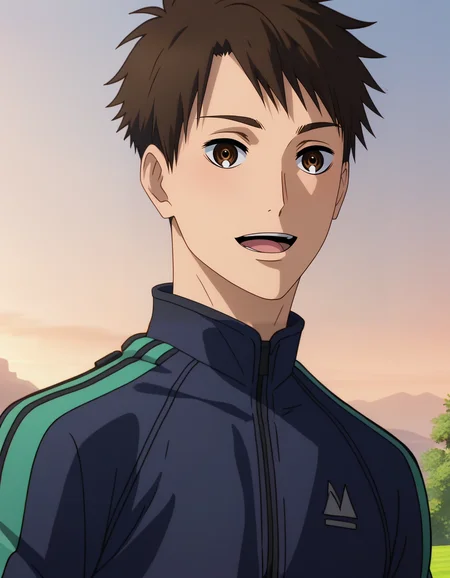 <lora:Kakeru_and_Haiji:1>,zPDXL2,haiji kiyose,male focus,1boy,solo,looking at viewer,close-up,bodysuit,outdoors,open mouth,smile,shade,shadow,dark blue-green jacket,sunset,anime screenshot,