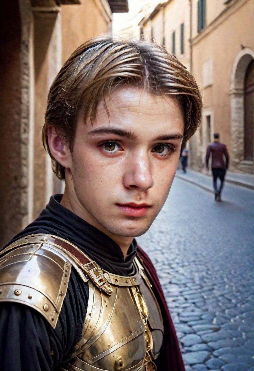 Portrait Photo a portrait, natural and hyperdetailed photography, a  man armor Star Wars in old of Rome, 
in street in city, realistic dark blonde hair, very detailed Clothes, (precise image:1.4) , pale skin,(many details in background)(cinematic ambient:1.4) (perfil)