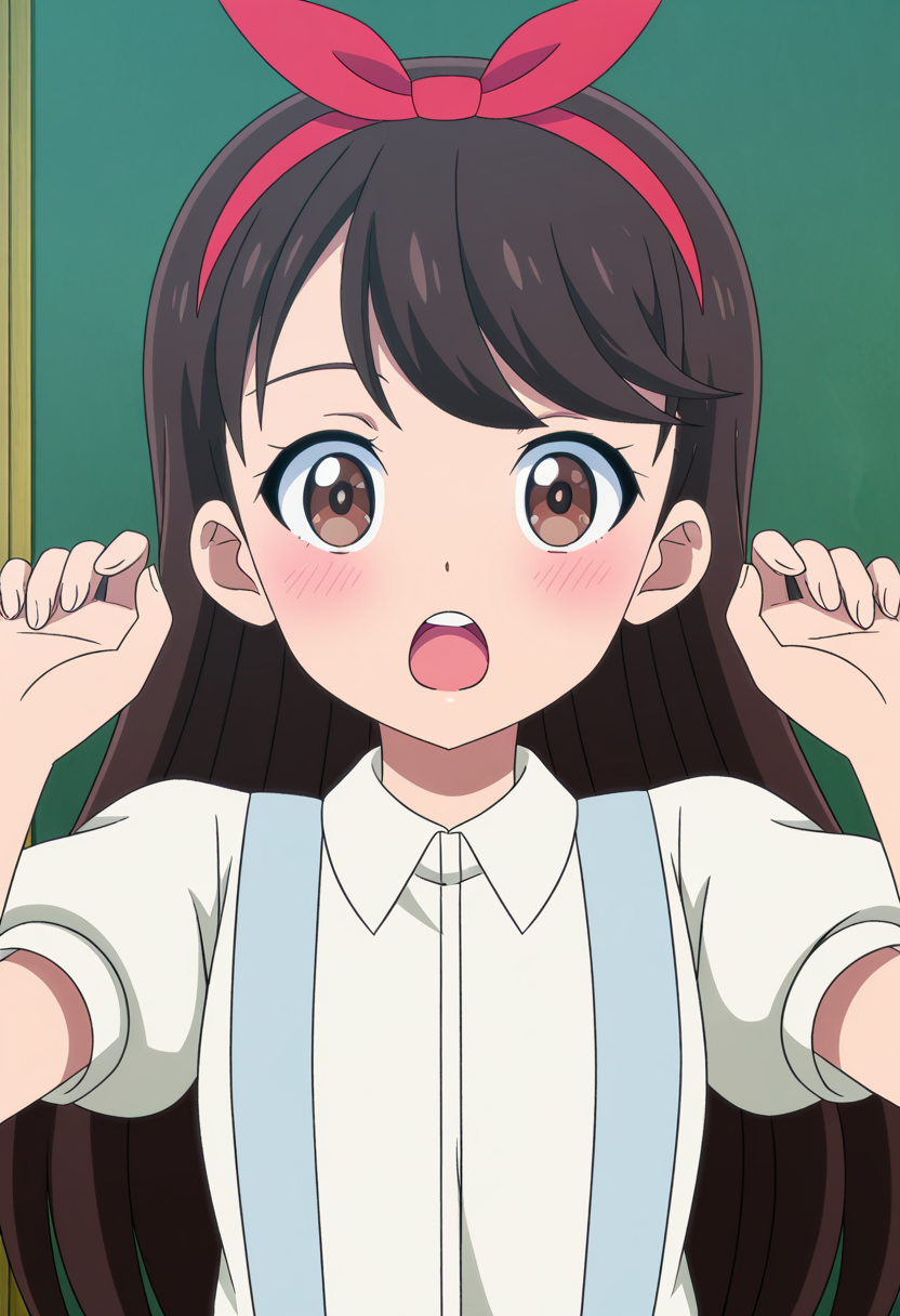 <lora:Anju-000030:1>,
Anju,solo,open mouth,short sleeves,white shirt,hairband,blush,upper body,looking at viewer,red hairband,anime coloring,bow hairband,collared shirt,suspenders,:o,bow,hands up,teeth,upper teeth only,red bow,puffy sleeves