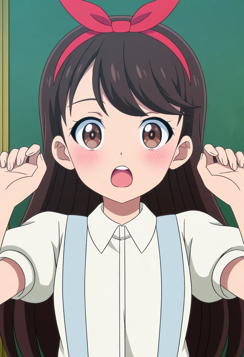 <lora:Anju-000030:1>,
Anju,solo,open mouth,short sleeves,white shirt,hairband,blush,upper body,looking at viewer,red hairband,anime coloring,bow hairband,collared shirt,suspenders,:o,bow,hands up,teeth,upper teeth only,red bow,puffy sleeves